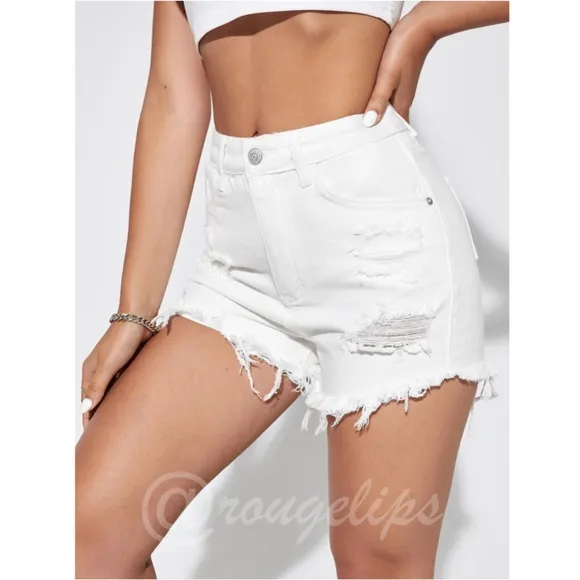 White Denim Shorts Distressed Ripped High Waist Raw Hem